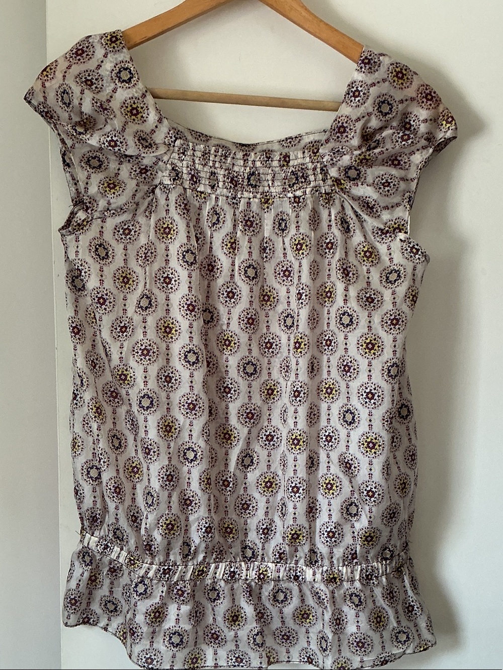 ZARA SILK Light Floral Print Cap Sleeve Blouse - Cream